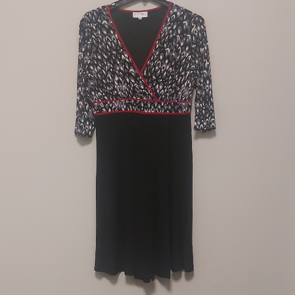 Studio I Black White Red Empire Midi Dress Sz 14